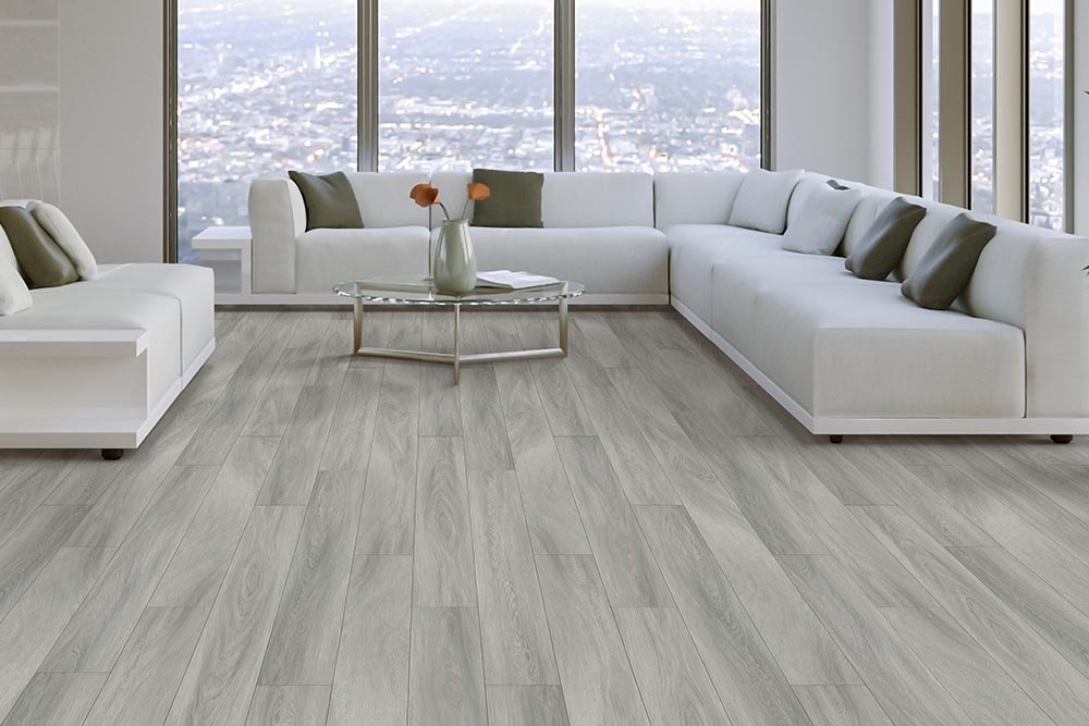 Living Room Gray Greige Luxury Vinyl Plank LVP - Darrow's Carpets in Stanwood, WA